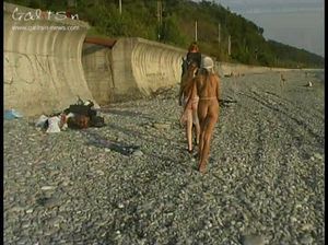 Голые девчонки скачут на коне и гуляют по пляжу